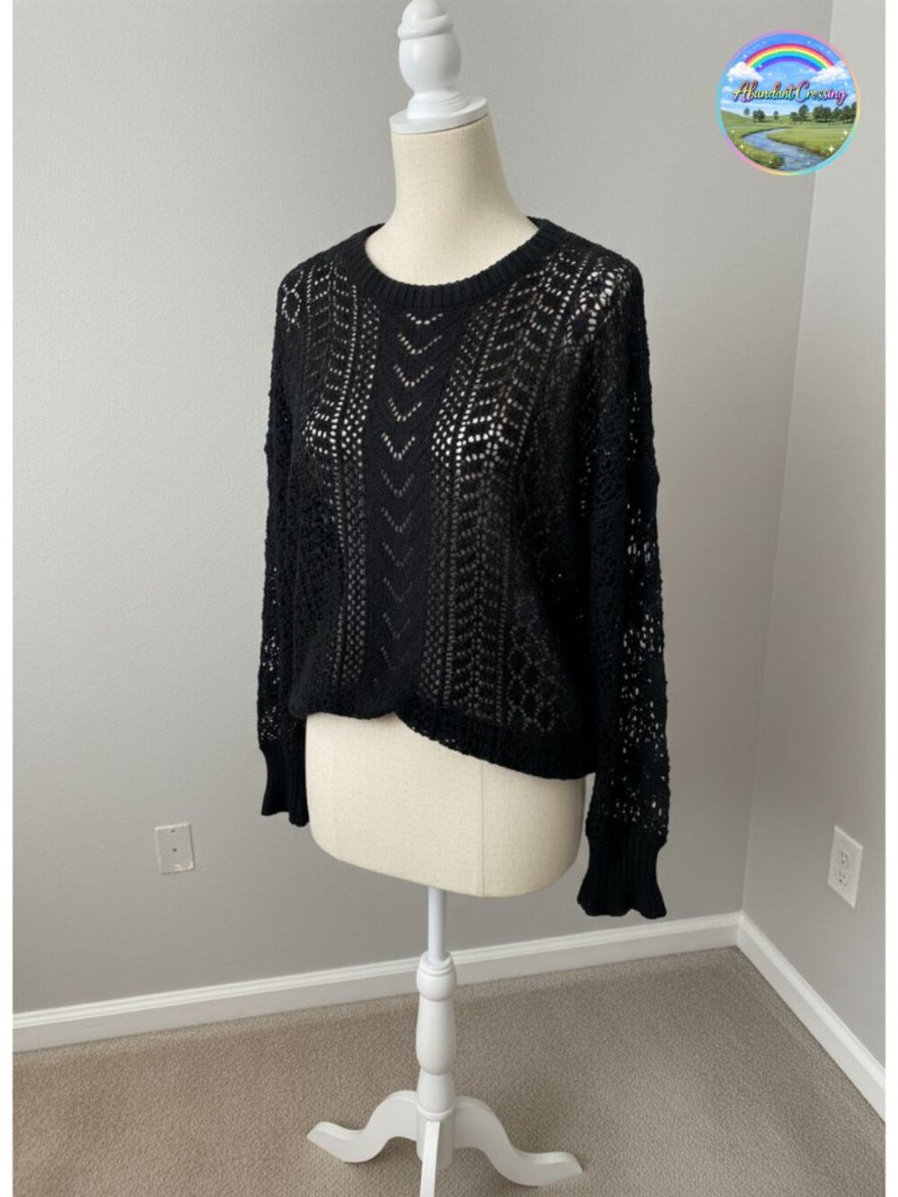 Crochet Lace Hollow Out Cable Knit Long Sleeve Crewneck Sweater Pullover